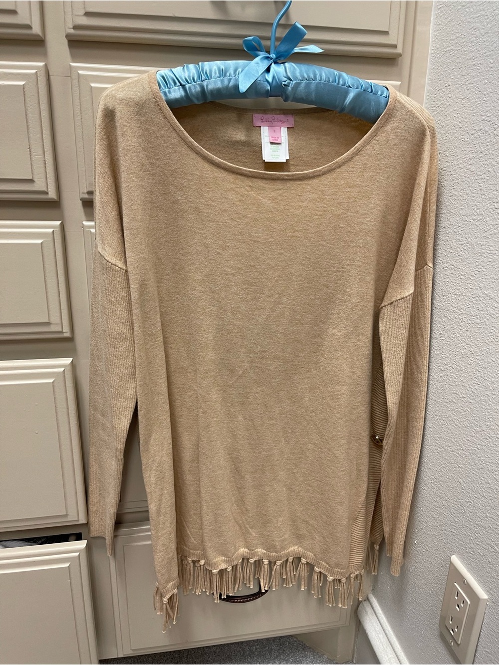 Lilly Pulitzer Light Tan Fringe Hem Boatneck Sweater